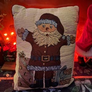 David Carter Brown Deck The Halls Christmas Tapestry Throw Pillow with Santa